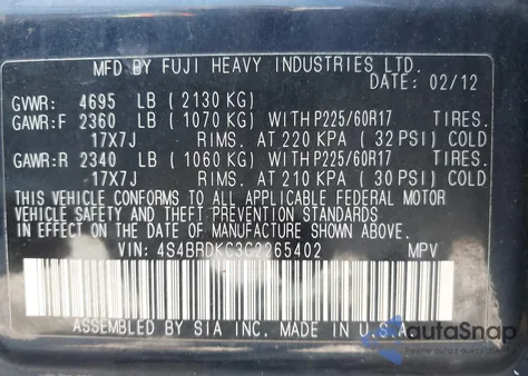 2012 Subaru Outback 3.6R Limited from USA, damaged, VIN 4S4BRDKC3C2265402